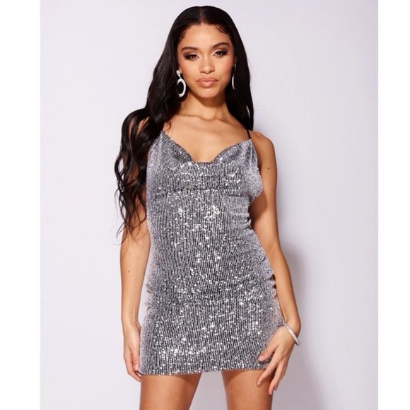 Silver Sequins Sleeveless Cowl Neck Backless Open Back Bodycon Mini Dress - Picture 9 of 11